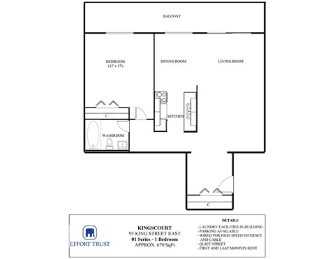 Floor plan for 1 bed, 1 bath, 690 sqft
